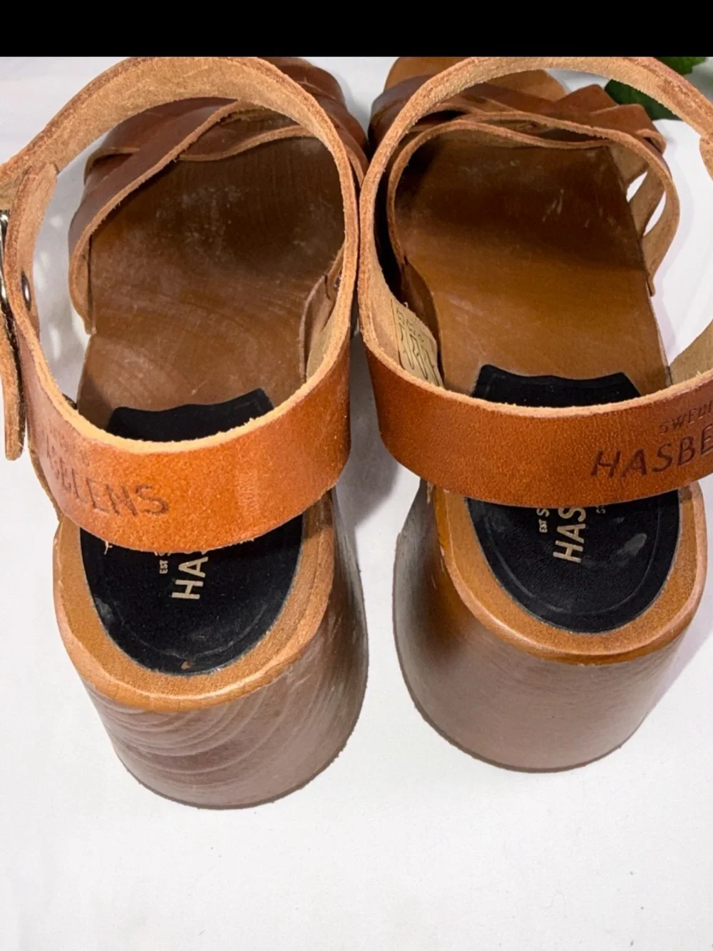 Swedish Hasbeens EU38 Clogs Sandals Cross Strap, Debutante Kringlan Heel Leather